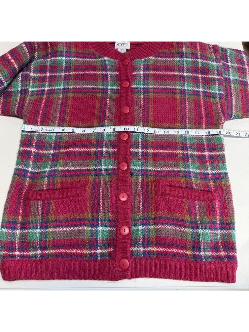 80's Vintage Koret Plaid Holiday Preppy Grandma Cardigan Sweater Women's Small - Picture 4 of 5